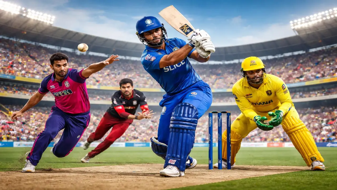 Cricket players in action during IPL match with batsman hitting shot, bowler delivering ball, and wicketkeeper ready behind stumps representing top contenders of the season