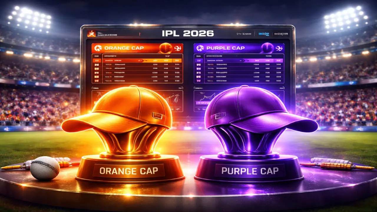 IPL 2026 scoreboard showing Orange Cap and Purple Cap leaders with cricket stadium background, player stats, and performance rankings for top batsmen and bowlers