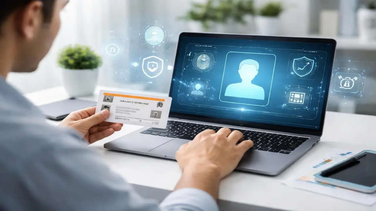 A person using a laptop holds an ID card while interacting with a digital identity verification interface on screen, featuring biometric icons and security symbols.